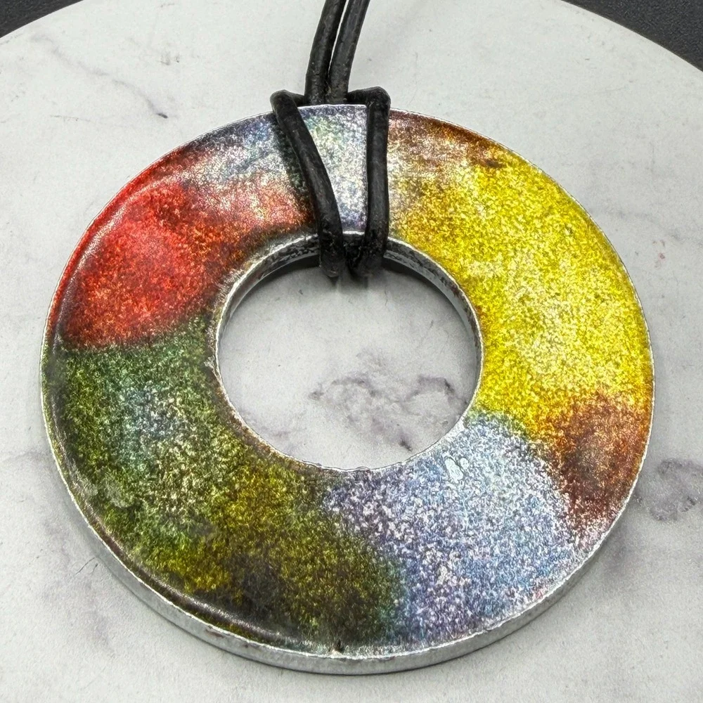 SA Signed Multicolor Glitter Donut Pendant Black Cord Necklace Modernist Art